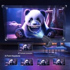 Panda projection on screen demonstrating auto keystone correction and 4-point Keystone feature, ideal for high-quality visual presentations and home theater setups at Monalisa Store.