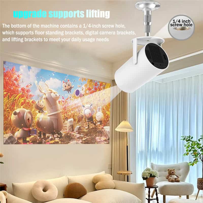 Ceiling projector with animated characters, home entertainment, bright living room decor, and large projection screen, ideal for kids' movies and games, creating a fun and engaging family space.