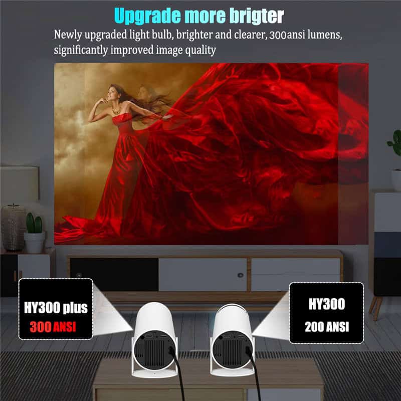 High brightness LED projector for home theater, 300 ANSI lumens, upgraded light bulb for sharper images, ideal for presentations and entertainment.