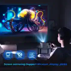 Vivid image of a person watching a colorful, high-tech digital display of an octopus on a large screen in a modern living room, highlighting advanced display technologies like Miracast, Airplay, and DLNA.