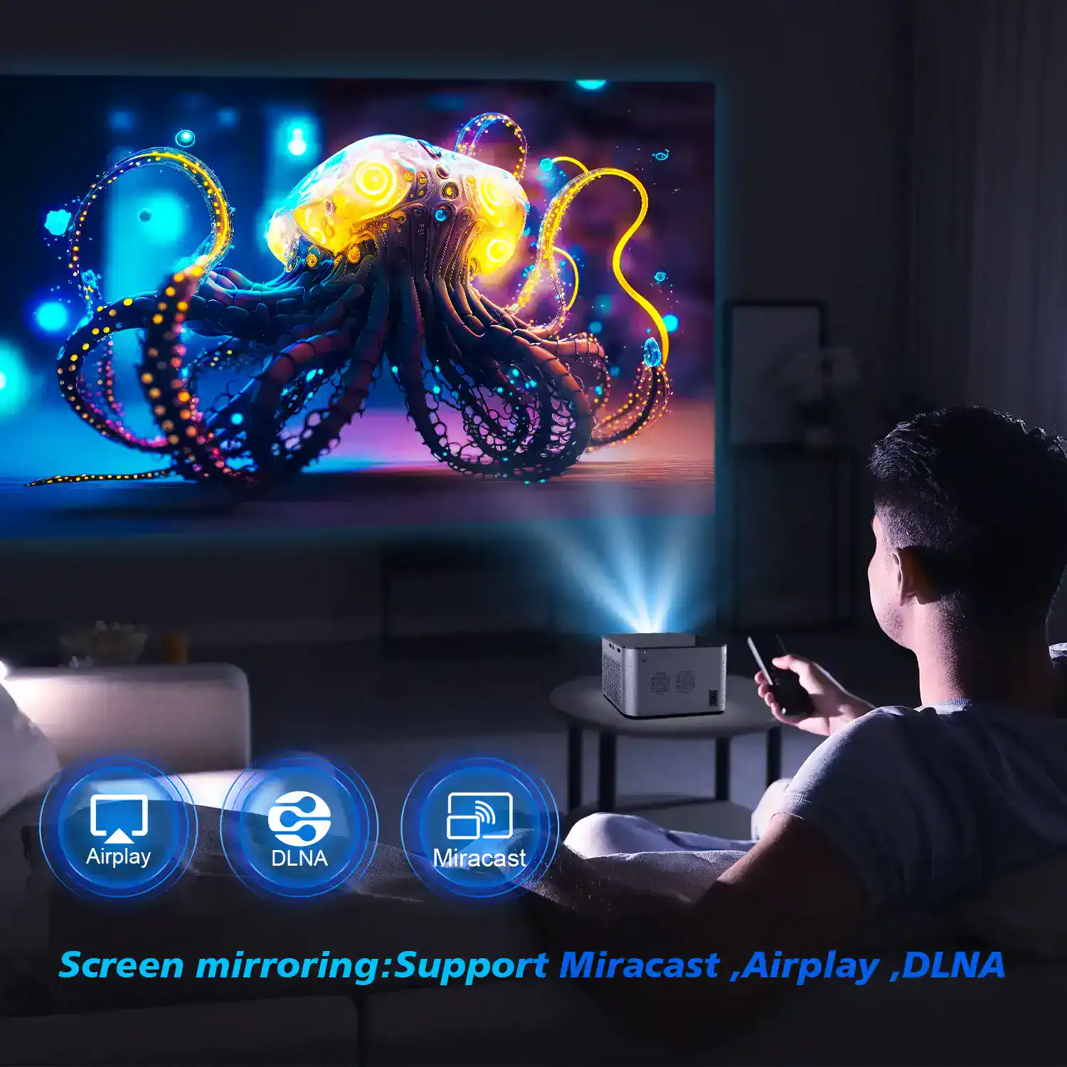 Vivid image of a person watching a colorful, high-tech digital display of an octopus on a large screen in a modern living room, highlighting advanced display technologies like Miracast, Airplay, and DLNA.