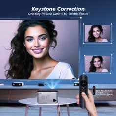 High-resolution image of a woman smiling during a home projection with a remote control for electric focus, showcasing modern audio-visual technology and remote control ease at Monalisa Store.
