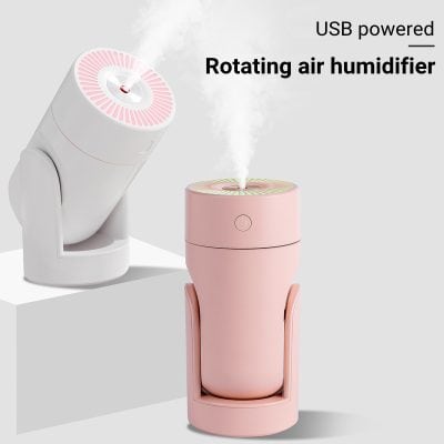 USB powered rotating air humidifier, compact and modern design, ideal for home or office, provides misting to increase humidity levels.