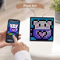 Vivid pixel art bear display on LED frame controlled via smartphone, perfect for creative home decor and digital art enthusiasts.
