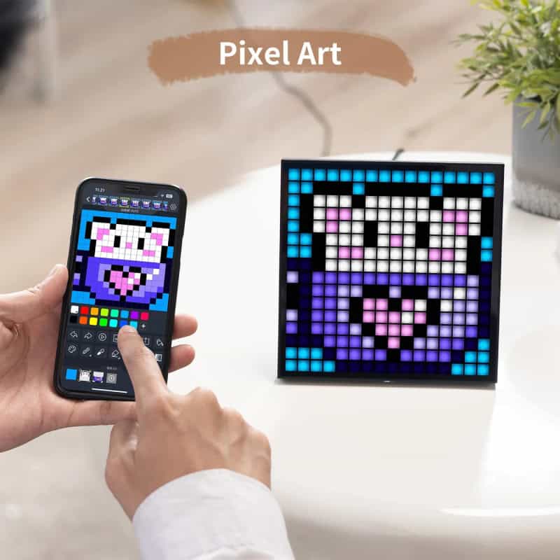 Vivid pixel art bear display on LED frame controlled via smartphone, perfect for creative home decor and digital art enthusiasts.