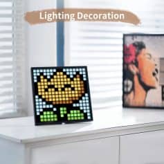 Colorful LED pixel art of a pixelated character from the Super Mario game series on a white surface. Modern lighting decor perfect for home or office spaces.