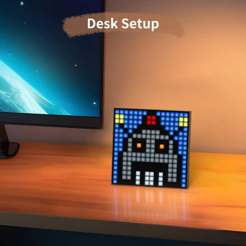 Monalisa store desk setup with a pixel art robot and computer screen, modern workspace, tech accessories, creative desk organization, digital workspace decor, opt.