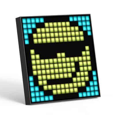 LED pixel art face sign, digital wall decoration with vibrant blue and yellow lights, ideal for modern optometry store interior design, creating an eye-catching ambiance.