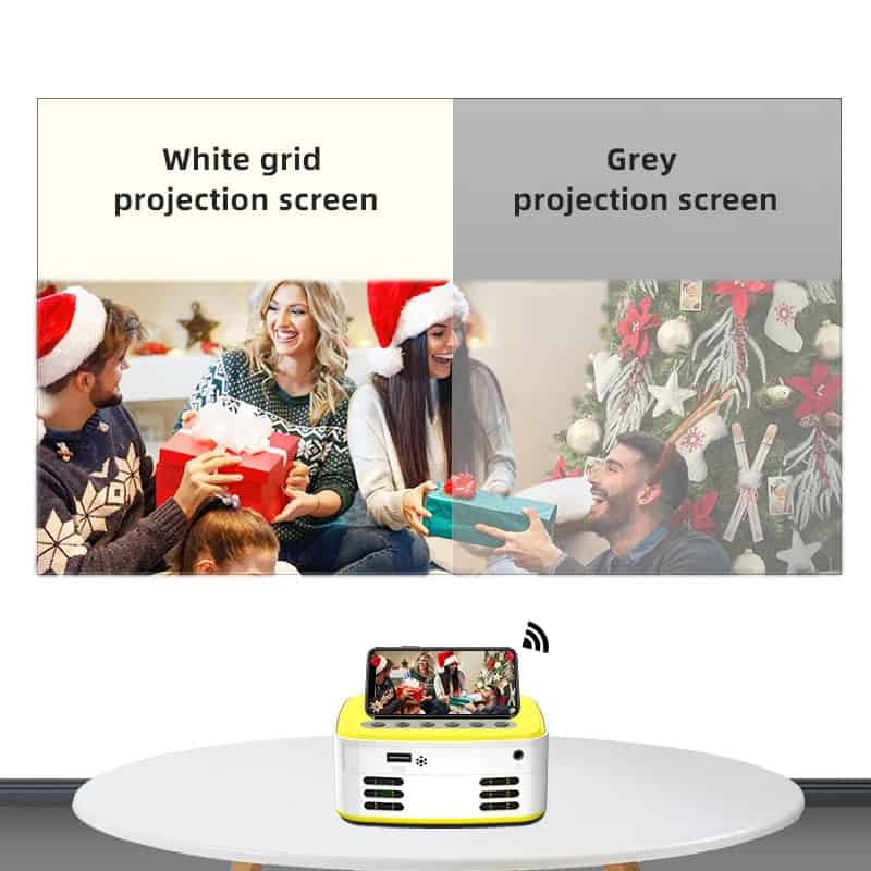 Festive holiday Christmas party with people exchanging gifts at home, holiday decorations, and Christmas tree, projector display for home entertainment, holiday celebration, seasonal gathering.