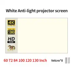 High-quality white anti-light projector screen with 4K ultra HD resolution, suitable for home theater, office presentations, and gaming, featuring easy installation and durable design.