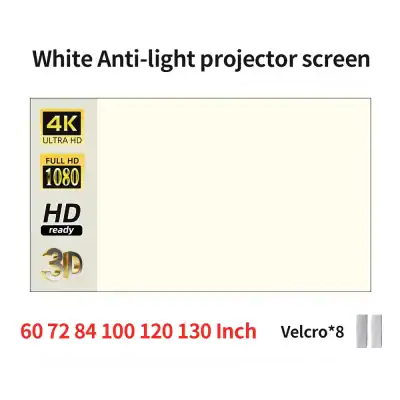 High-quality white anti-light projector screen with 4K ultra HD resolution, suitable for home theater, office presentations, and gaming, featuring easy installation and durable design.