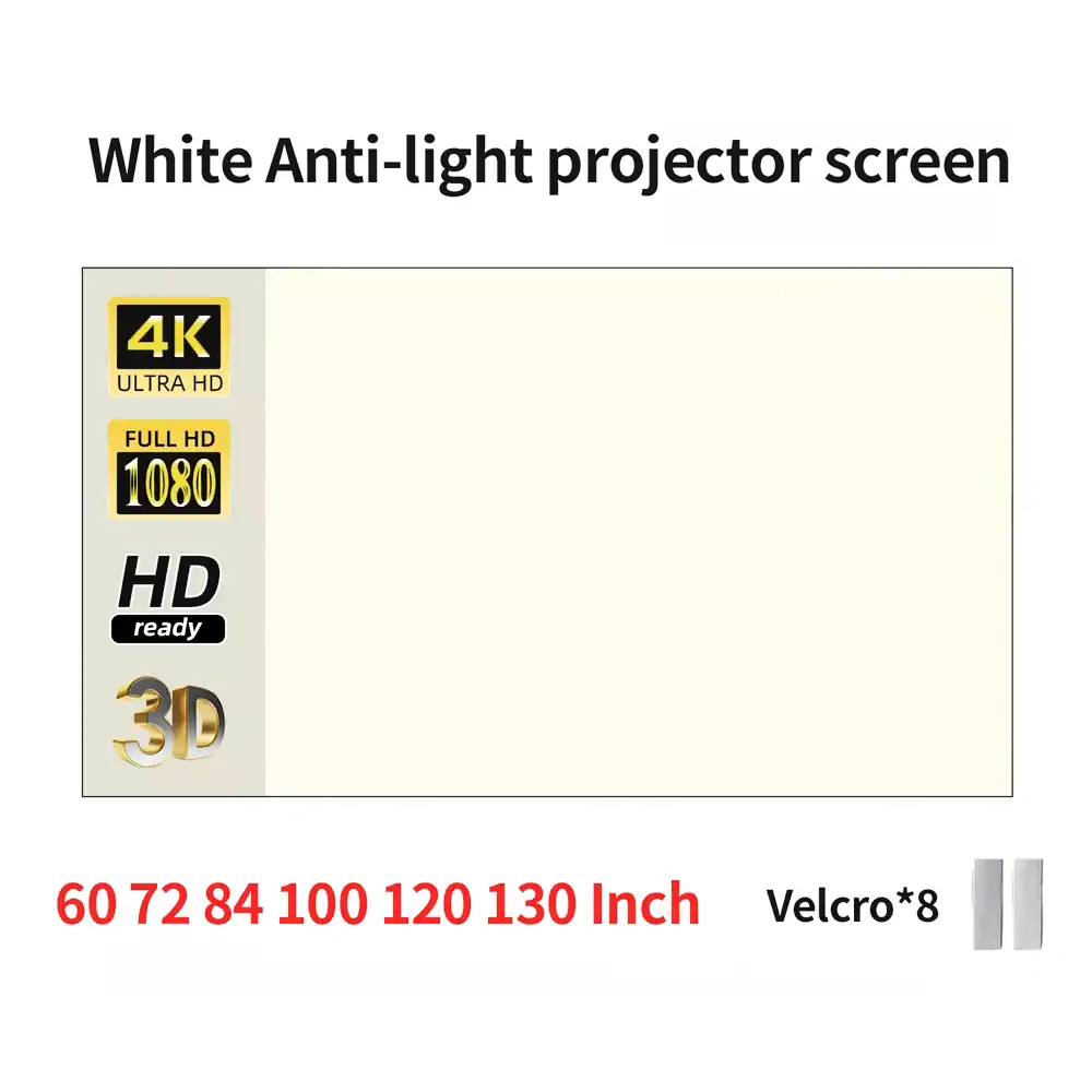 High-quality white anti-light projector screen with 4K ultra HD resolution, suitable for home theater, office presentations, and gaming, featuring easy installation and durable design.