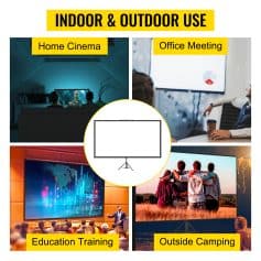 Indoor outdoor projection screens for home cinema, office meetings, education training, and outdoor camping, suitable for various entertainment and professional use.