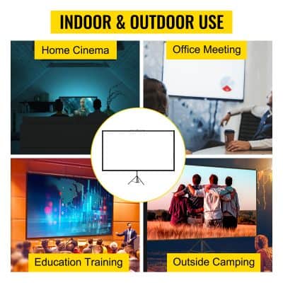 Indoor outdoor projection screens for home cinema, office meetings, education training, and outdoor camping, suitable for various entertainment and professional use.