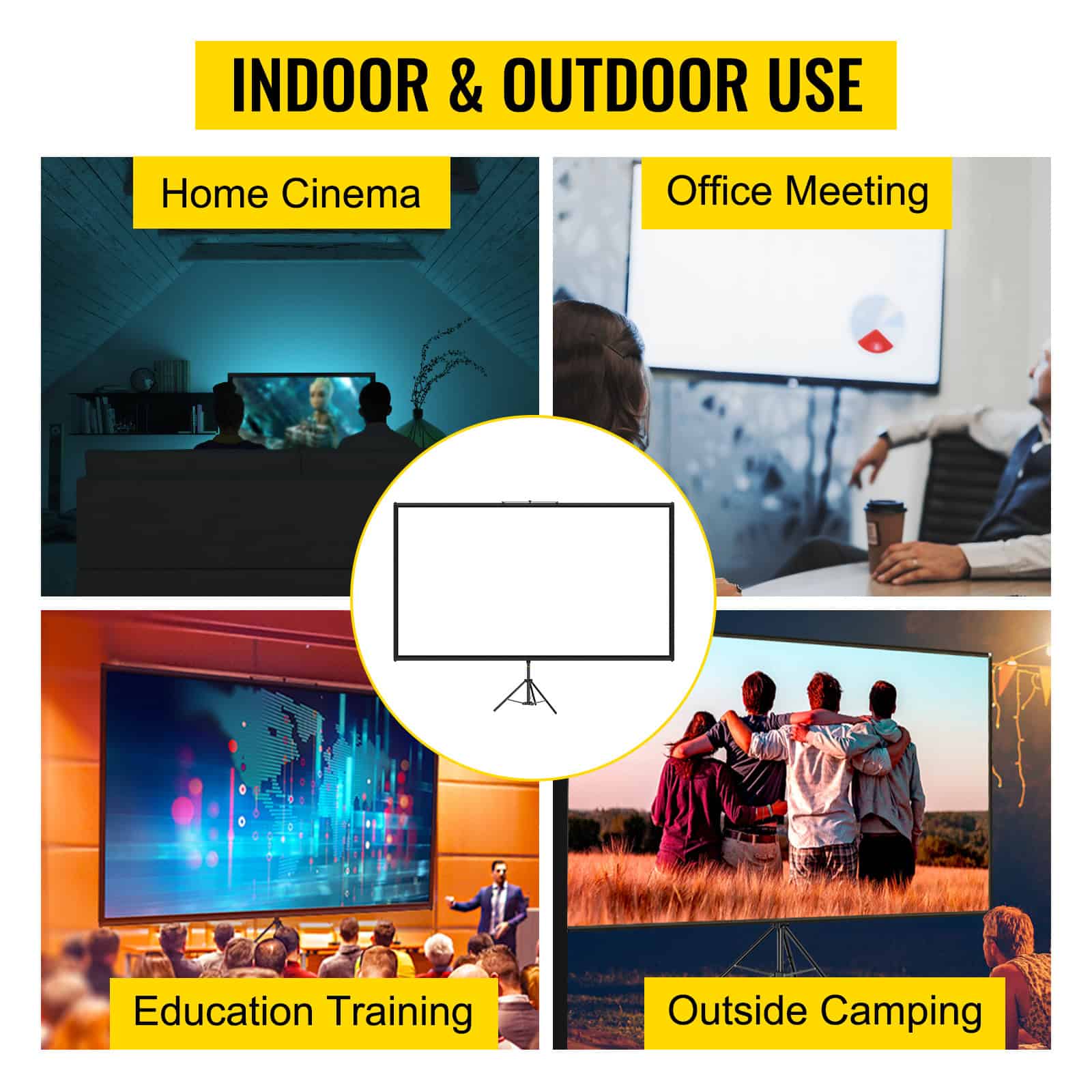 Indoor outdoor projection screens for home cinema, office meetings, education training, and outdoor camping, suitable for various entertainment and professional use.