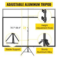 Adjustable aluminum tripod stand with height from 78.7 to 98.4 inches, featuring a sturdy aluminum alloy construction and stable support, ideal for photography, videography, or studio lighting setup.