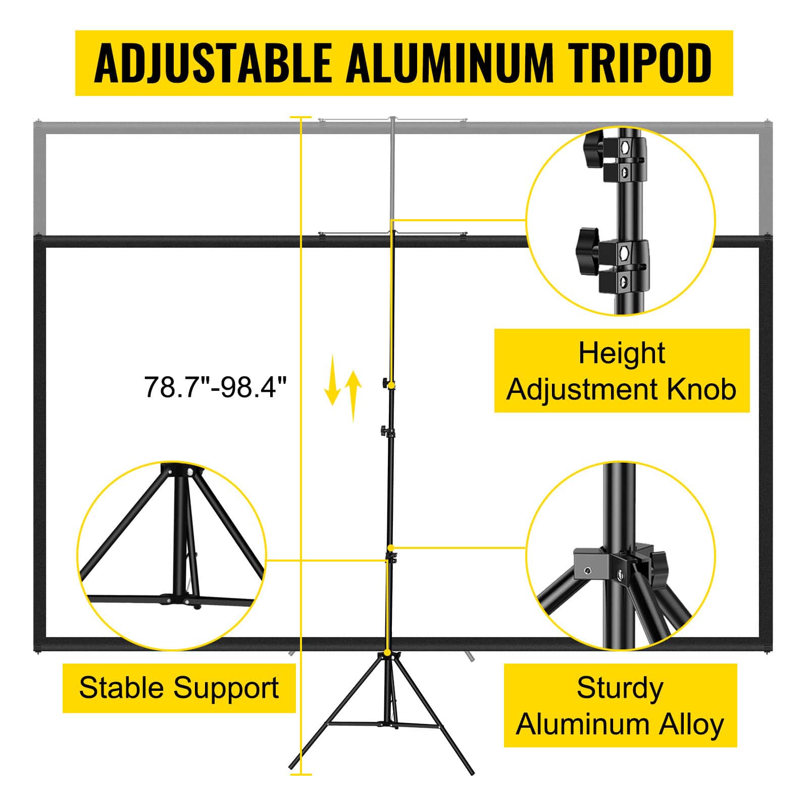 Adjustable aluminum tripod stand with height from 78.7 to 98.4 inches, featuring a sturdy aluminum alloy construction and stable support, ideal for photography, videography, or studio lighting setup.