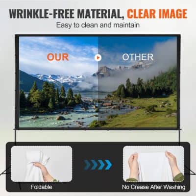 Bright outdoor mountains and river landscape image used on Monalisa Store advertisement for wrinkle-free, foldable, and easy to maintain display screen.