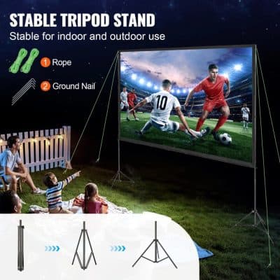 High-resolution outdoor and indoor stable tripod stand for projectors, ideal for home theaters or outdoor movie nights, featuring durable ground nails and adjustable height for secure setup.
