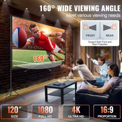 4. Large home theater projector with 160° wide viewing angle, 120-inch screen, 4K Ultra HD resolution, supporting front and rear projection for immersive movie experiences.