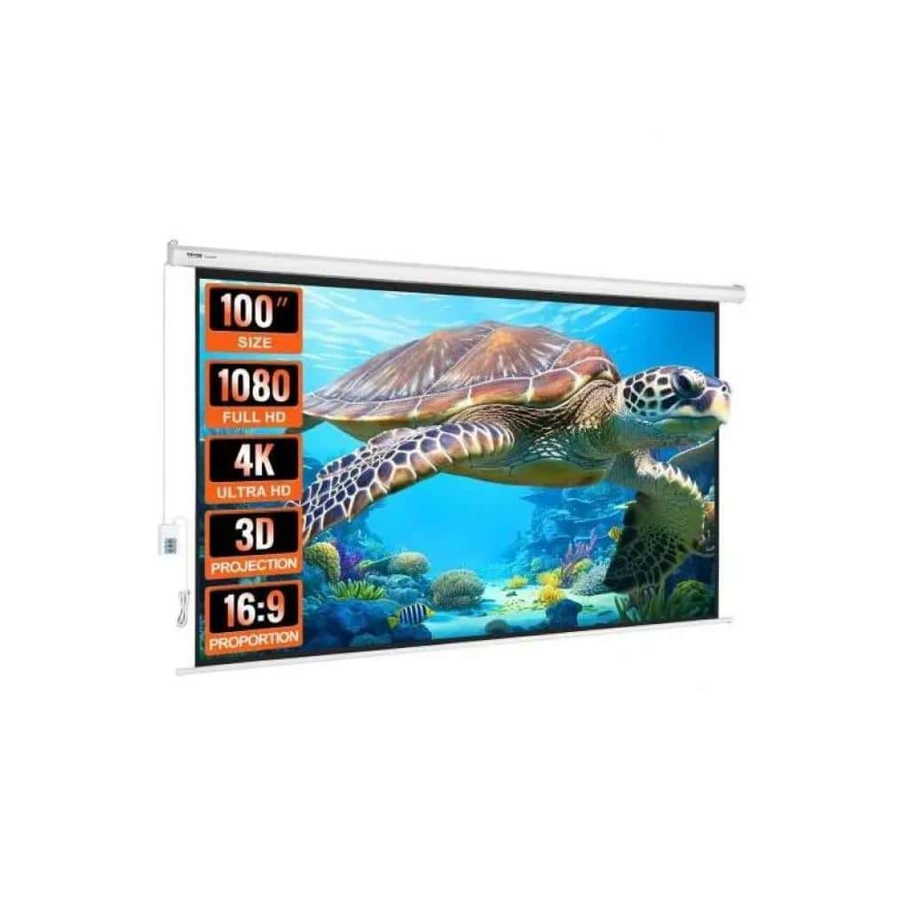 Ultra HD 4K 100-inch projection screen with 16:9 aspect ratio and 3D compatibility for home theater and entertainment.