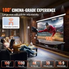 Large 100-inch cinema-grade projection screen for home theater, featuring 4K ultra HD resolution, 3D projection, and 16:9 aspect ratio, ideal for immersive entertainment.