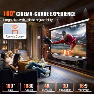 Large 100-inch cinema-grade projection screen for home theater, featuring 4K ultra HD resolution, 3D projection, and 16:9 aspect ratio, ideal for immersive entertainment.