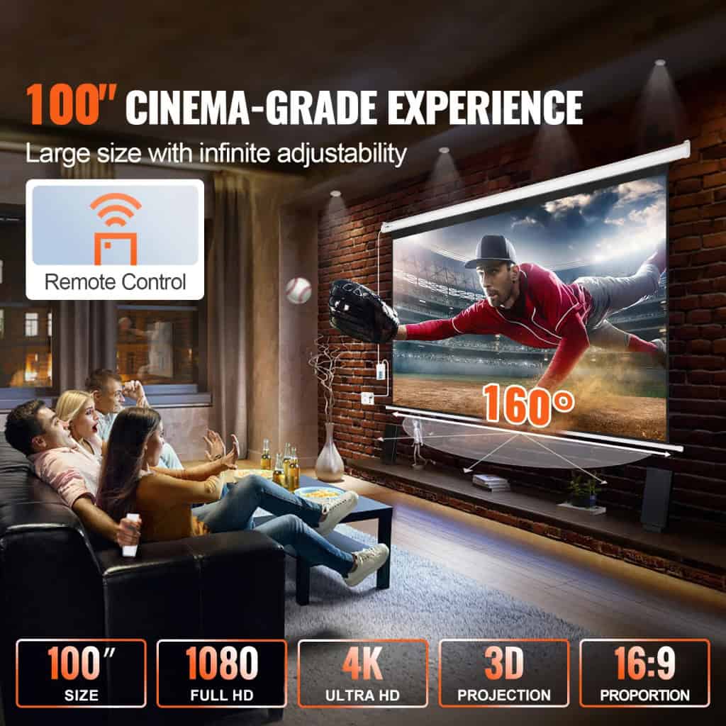 Large 100-inch cinema-grade projection screen for home theater, featuring 4K ultra HD resolution, 3D projection, and 16:9 aspect ratio, ideal for immersive entertainment.