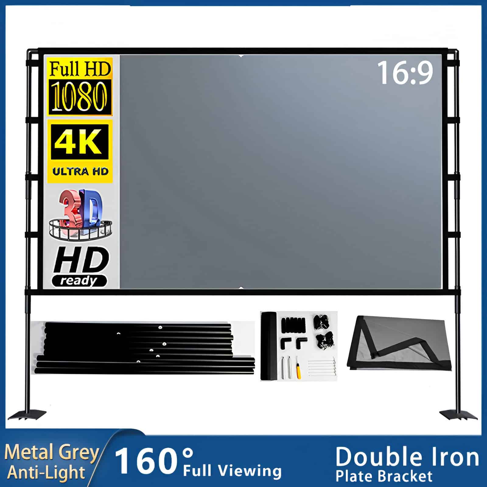 High-definition TV display with 4K Ultra HD resolution, 16:9 aspect ratio, and full-view 160° angle, featuring metal grey double iron plate bracket and anti-light technology for optimal opt experience.