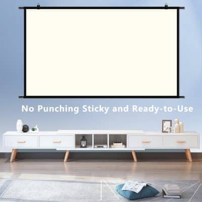 Lightweight portable projection screen for home theater, no punching sticky wall mount, ready-to-use for movies, presentations, and gaming, easy setup and clean appearance.