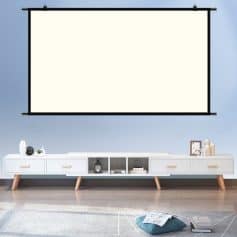Bright white projection screen with black frame in modern living room, ideal for home entertainment and presentations. Perfect for adding a sleek, professional look to your opt space.