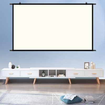 Bright white projection screen with black frame in modern living room, ideal for home entertainment and presentations. Perfect for adding a sleek, professional look to your opt space.