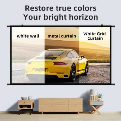 Vivid yellow sports car with a white wall, metal curtain, and white grid curtain backdrop showcasing true color restoration.