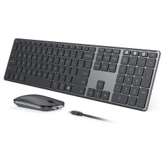 Wireless ergonomic keyboard and mouse combo for office use, featuring a slim design and full-sized keys. Ideal for enhanced productivity and comfortable typing experience.