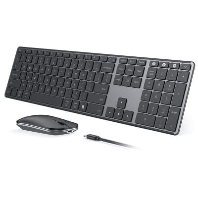Wireless ergonomic keyboard and mouse combo for office use, featuring a slim design and full-sized keys. Ideal for enhanced productivity and comfortable typing experience.