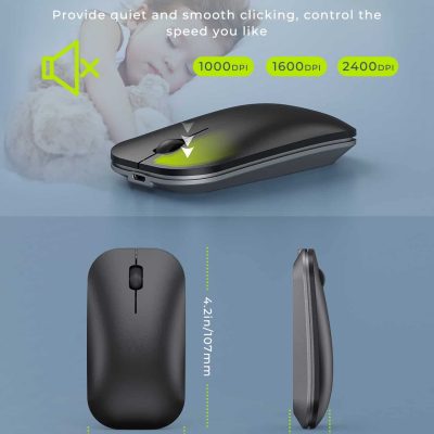 Wireless computer mouse with quiet clicking, adjustable DPI (1000, 1600, 2400), ergonomic design, 4.2-inch length, compact size for office and home use.