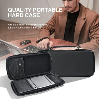 Portable black hard case for portable keyboards and mice, ideal for tech accessories, travel, and storage. Durable, sleek design for convenient transport and protection of electronic devices.