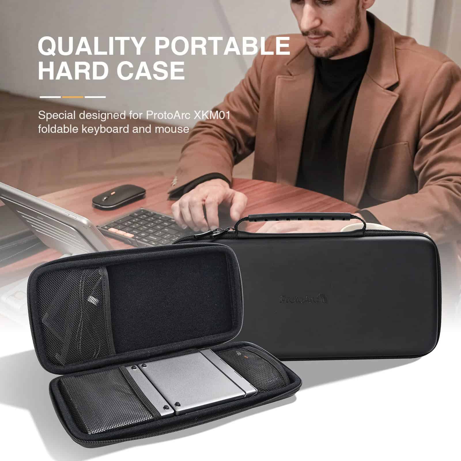 Portable black hard case for portable keyboards and mice, ideal for tech accessories, travel, and storage. Durable, sleek design for convenient transport and protection of electronic devices.