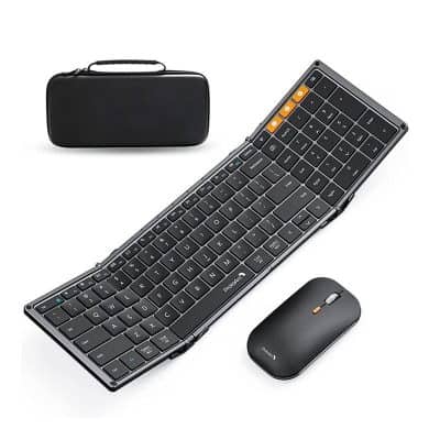 Wireless ergonomic keyboard with numeric pad, portable mouse, and protective carrying case for office or home use.