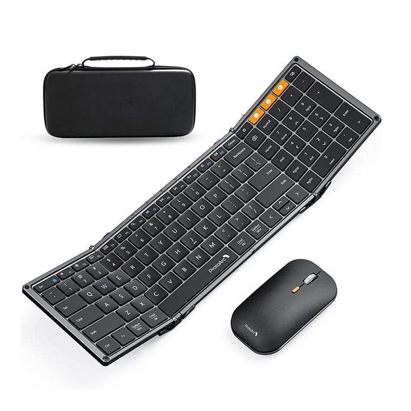 Wireless ergonomic keyboard with numeric pad, portable mouse, and protective carrying case for office or home use.
