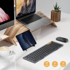 Wireless keyboard and mouse set with Bluetooth connectivity, compatible with MacBook, tablet, and laptop, featuring 2.4G wireless, Bluetooth 1 & 2, sleek design, ideal for office and home use.