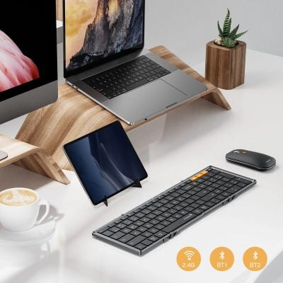 Wireless keyboard and mouse set with Bluetooth connectivity, compatible with MacBook, tablet, and laptop, featuring 2.4G wireless, Bluetooth 1 & 2, sleek design, ideal for office and home use.
