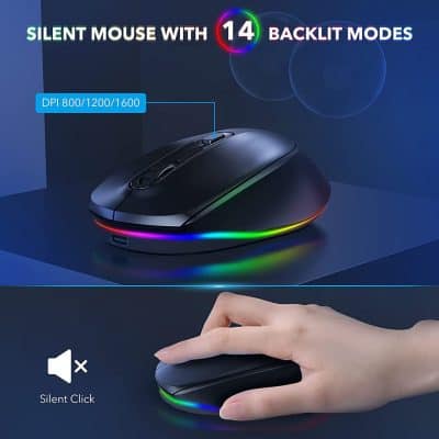 Wireless gaming mouse with customizable backlit modes, DPI settings, and silent click feature for an enhanced gaming and office experience. Perfect for gamers seeking precision and noise-free operation.
