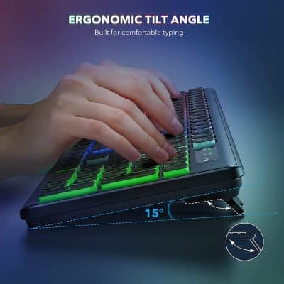 RGB illuminated ergonomic gaming keyboard with adjustable tilt angle for comfortable typing and gaming sessions.