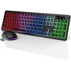 RGB backlit wireless gaming keyboard and mouse set for office and gaming, featuring customizable LED lighting and ergonomic design.