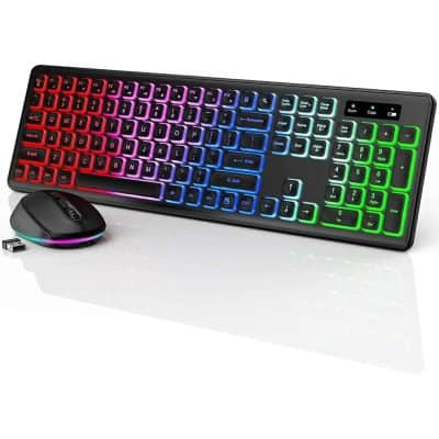 RGB backlit wireless gaming keyboard and mouse set for office and gaming, featuring customizable LED lighting and ergonomic design.