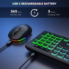 Wireless computer mouse and illuminated keypad with USB C rechargeable battery highlighting long standby and fast charging for office or gaming use.
