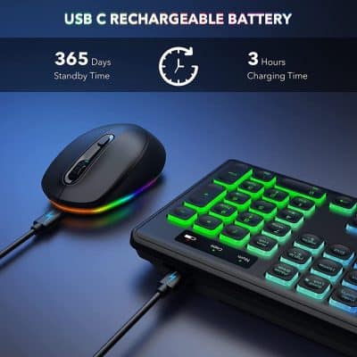 Wireless computer mouse and illuminated keypad with USB C rechargeable battery highlighting long standby and fast charging for office or gaming use.