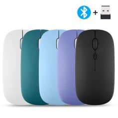 Wireless Bluetooth computer mice set in various colors including white, teal, light blue, purple, and black with USB receiver dock.