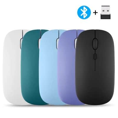 Wireless Bluetooth computer mice set in various colors including white, teal, light blue, purple, and black with USB receiver dock.